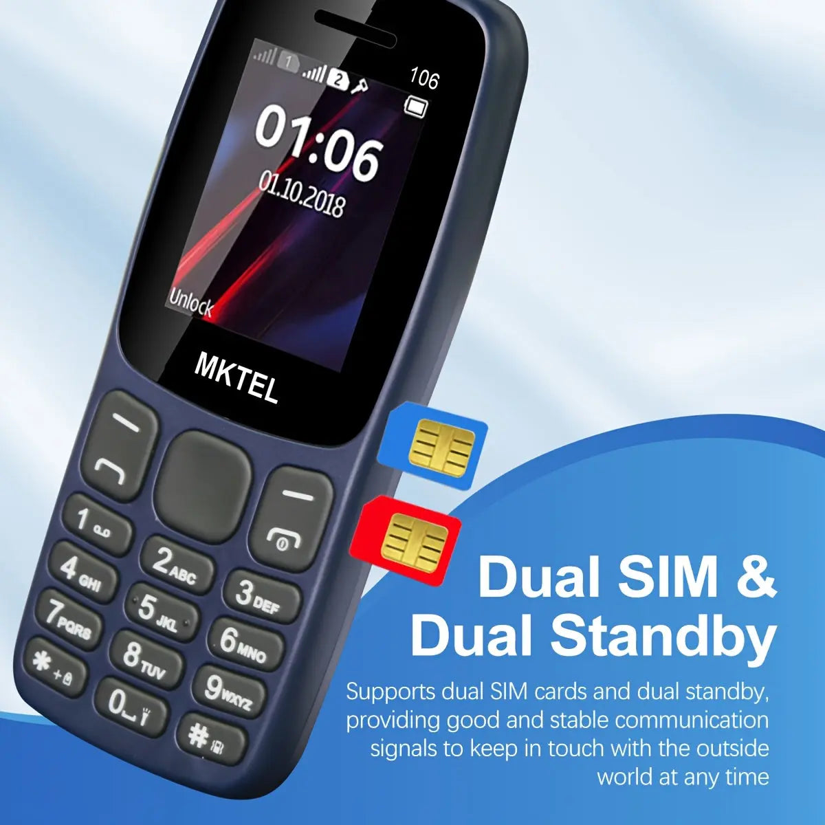 MKTEL 106 Feature Phone with 1, 77" Display, 800mAh Battery, Dual Stop FM Radio, Flashlight, 0, 08MB Camera, Supports 10 Languages: English | French | Spanish | Portuguese | Filipino | Vietnamese | Russian | Arabic | Hebrew | Thai, 2G Network, 2 SIM Slot Dropshipman
