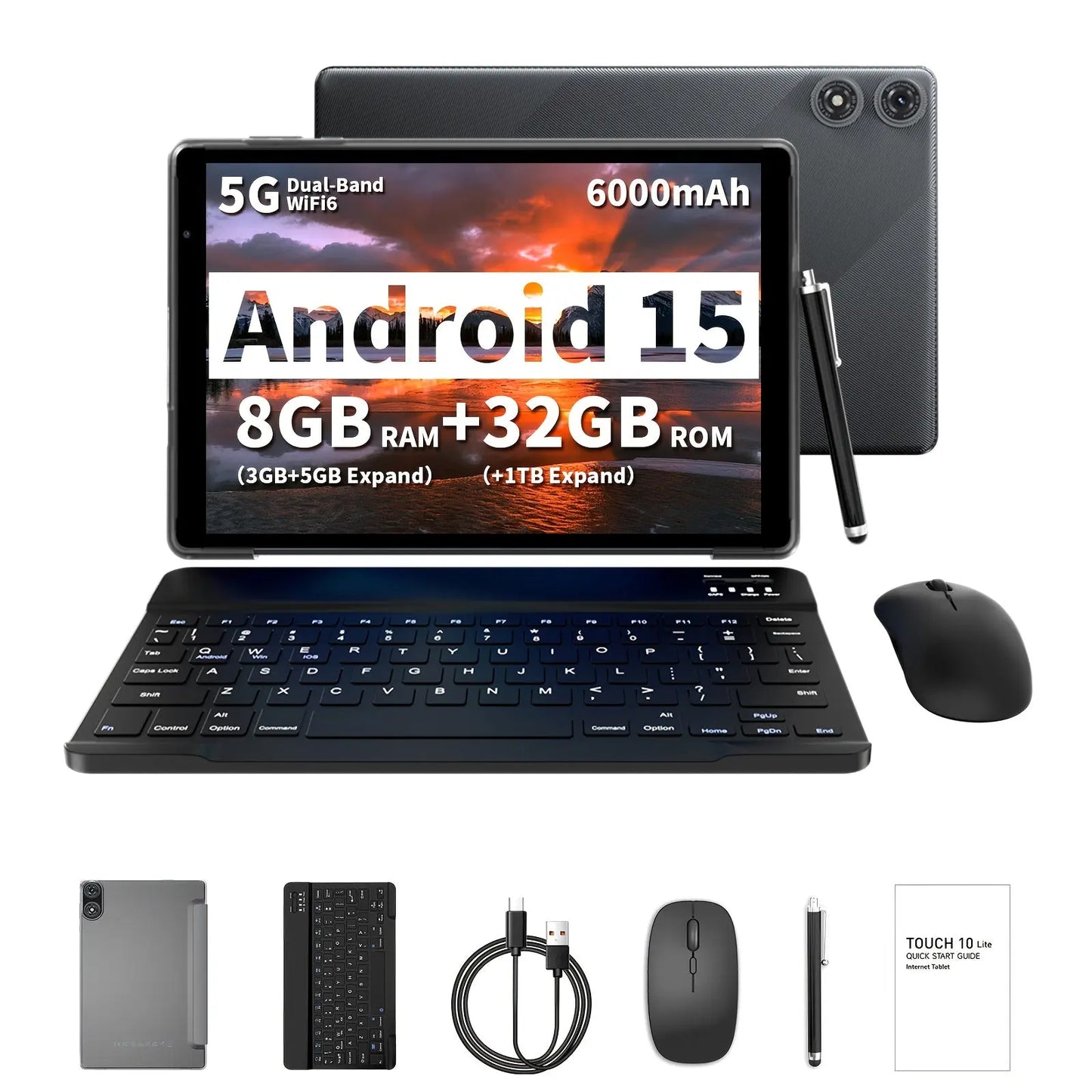 Android Tablet 2-in-1, 10.1-inch, with Latest Android 15 System, Expandable Storage up to 1TB, 8GB RAM, Includes Keyboard, Case, Mouse & Stylus Pen, 6000mAh Battery, Dual Front/Rear Cameras, High-Performance Multi-Core Processor + Wi-Fi 6, 1280x800 IPS H Dropshipman