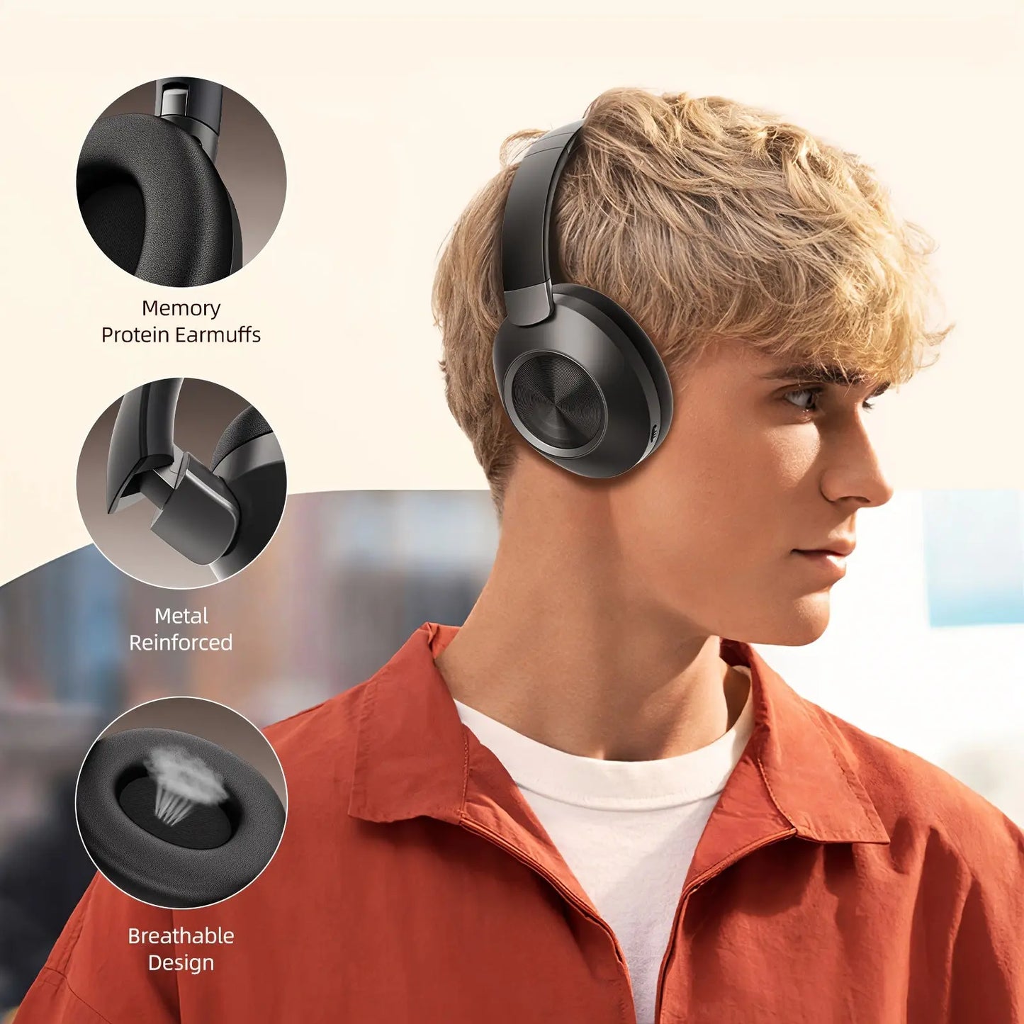 LIFEBEE Active Noise Cancelling Headphones - 60H Playtime, HiFi Stereo Sound Wireless Over-Ear Headset with Condenser Mic, Push Button Control, Sports and Exercise Optimized, Rechargeable Battery for Adults Dropshipman