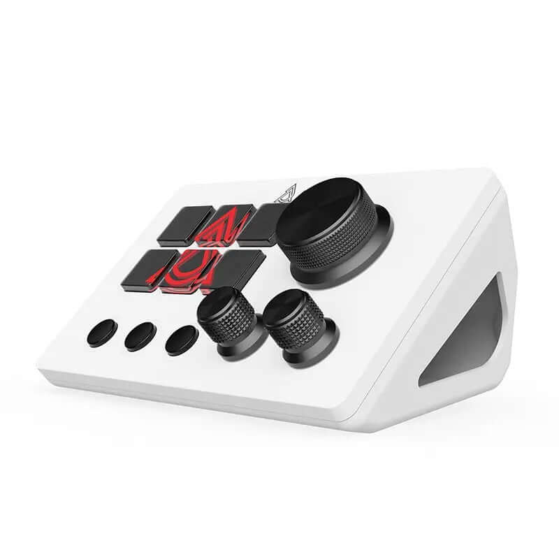 Live Assistant audio control panel in sleek white design with buttons and knobs for gaming setup.