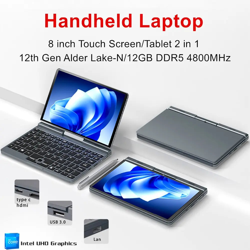 12th Gen Mini Gaming Laptop Intel Alder Lake N100 8 Inch Touch Screen 12G DDR5 Windows 11 Notebook Tablet PC 2 in 1 WiFi6 Dropshipman