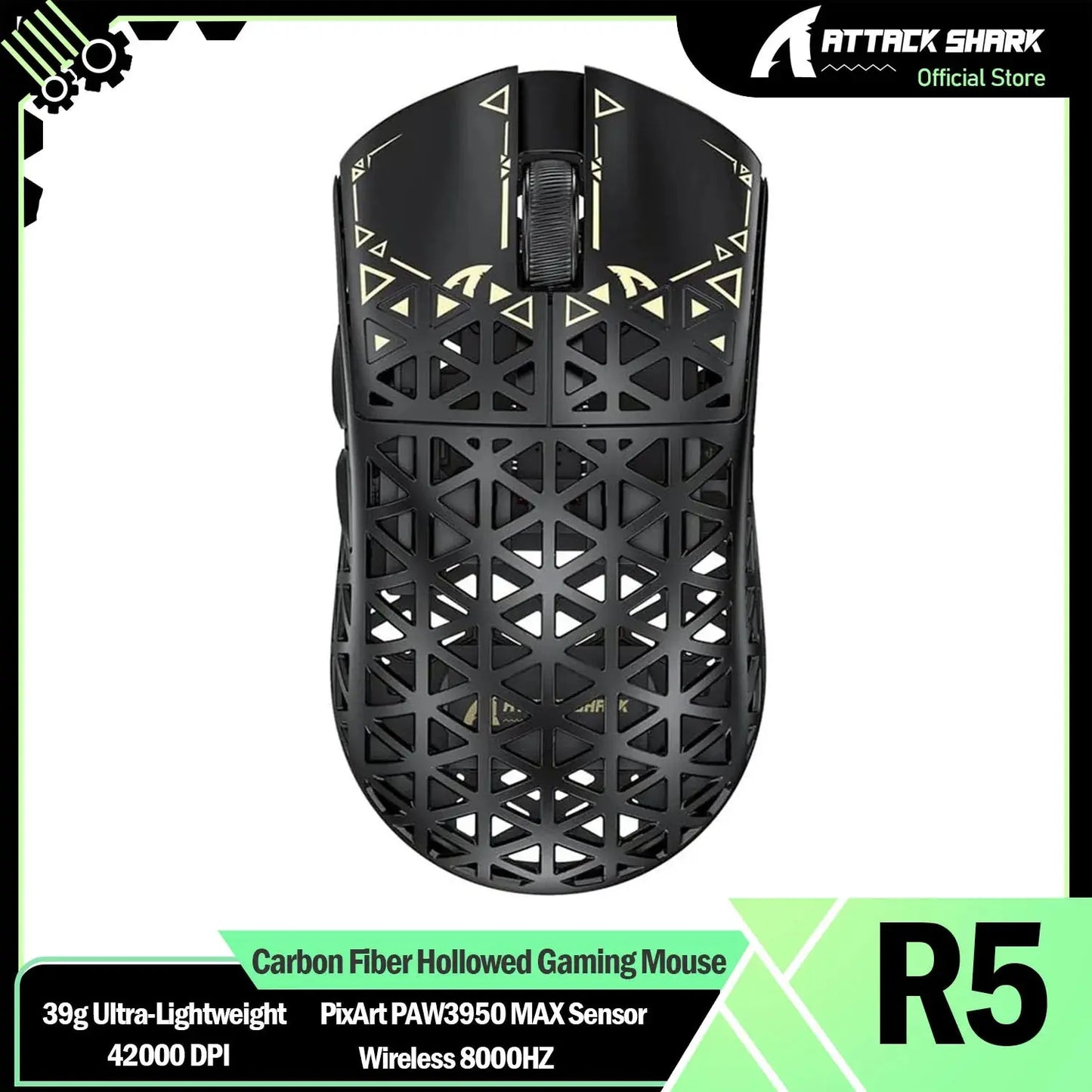 ATTACK SHARK R5 8K Wireless Gaming Mouse, 42K DPI -PAW3950 MAX Sensor -39g Ultra-Lightweight Carbon Fiber Hollowed-Out Design Dropshipman