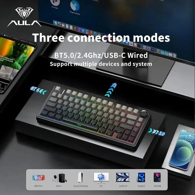 AULA F75 Gaming Mechanical Keyboard RGB Customized 75% Layout Side-engraving Gasket Mounted 80keys PBT Gradient Keycaps keyboard Dropshipman