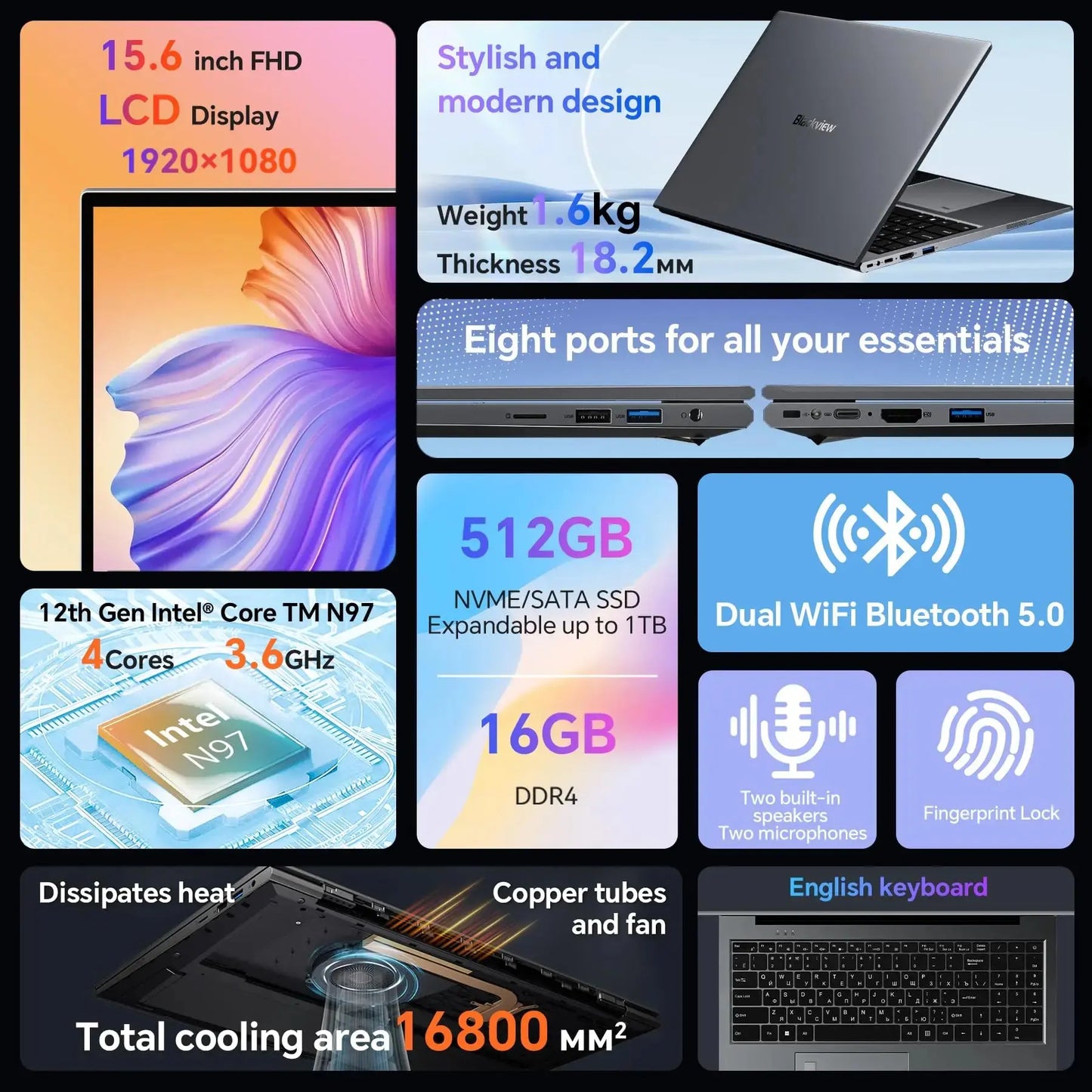 Blackview AceBook 8 Laptop 15.6" 12th Gen Intel Alder Lake N97 16GB RAM 512GB SSD + expansion up to 1TB Windows 11 Home 15.6" Dropshipman