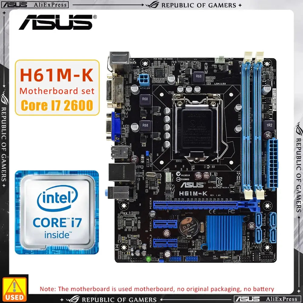 ASUS LGA 1155 Motherborad kit with H61M-K+I7 2600 CPU Support i5-2500K 3570K i7-2700K 3770K CPU 2xDDR3 1600MHz 16GB Micro ATX Dropshipman
