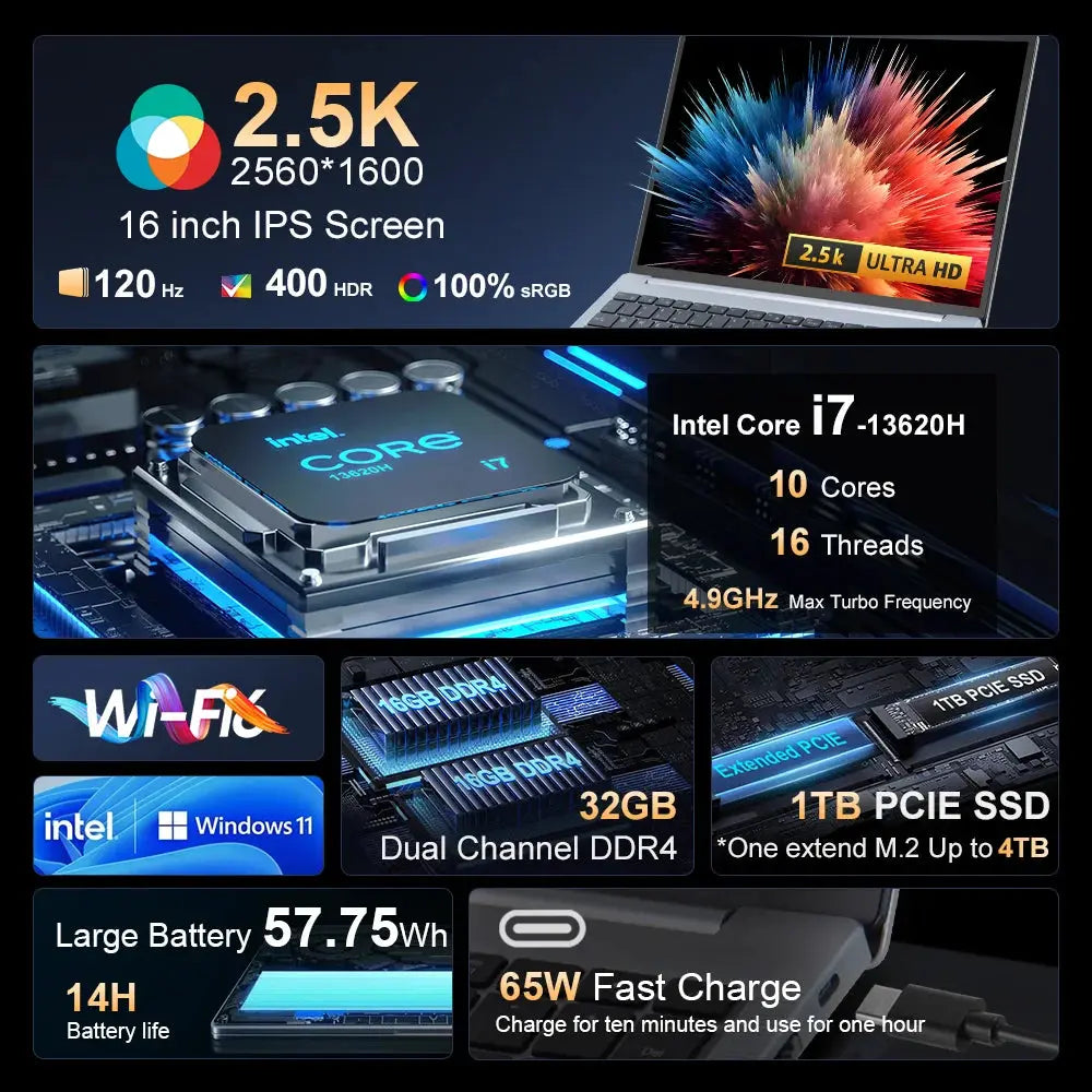 Laptop 16 inch 2.5K 120Hz Intel Core i7-13620H WiFi 6 32GB RAM 1TB SSD Laptop Windows 11 pro Notebook Office Computer Dropshipman