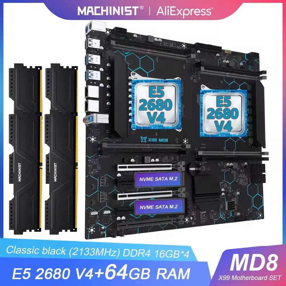 MACHINIST X99 MD8 Dual CPUMotherboard Combo choose LGA 2011-3 Xeon E5 2680 V4 Dual CPU and DDR4 4*16GB RAM Memory E-ATX 8 Slots Dropshipman
