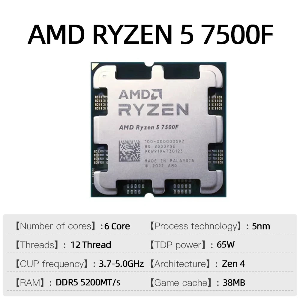 AMD Ryzen 5 7500F Processor CPU R5 7500F Up to 5.0 GHz 6-Core 12-Thread 32MB Game Cache Socket AM5 DDR5 5200MHz Desktop PC Gamer Dropshipman
