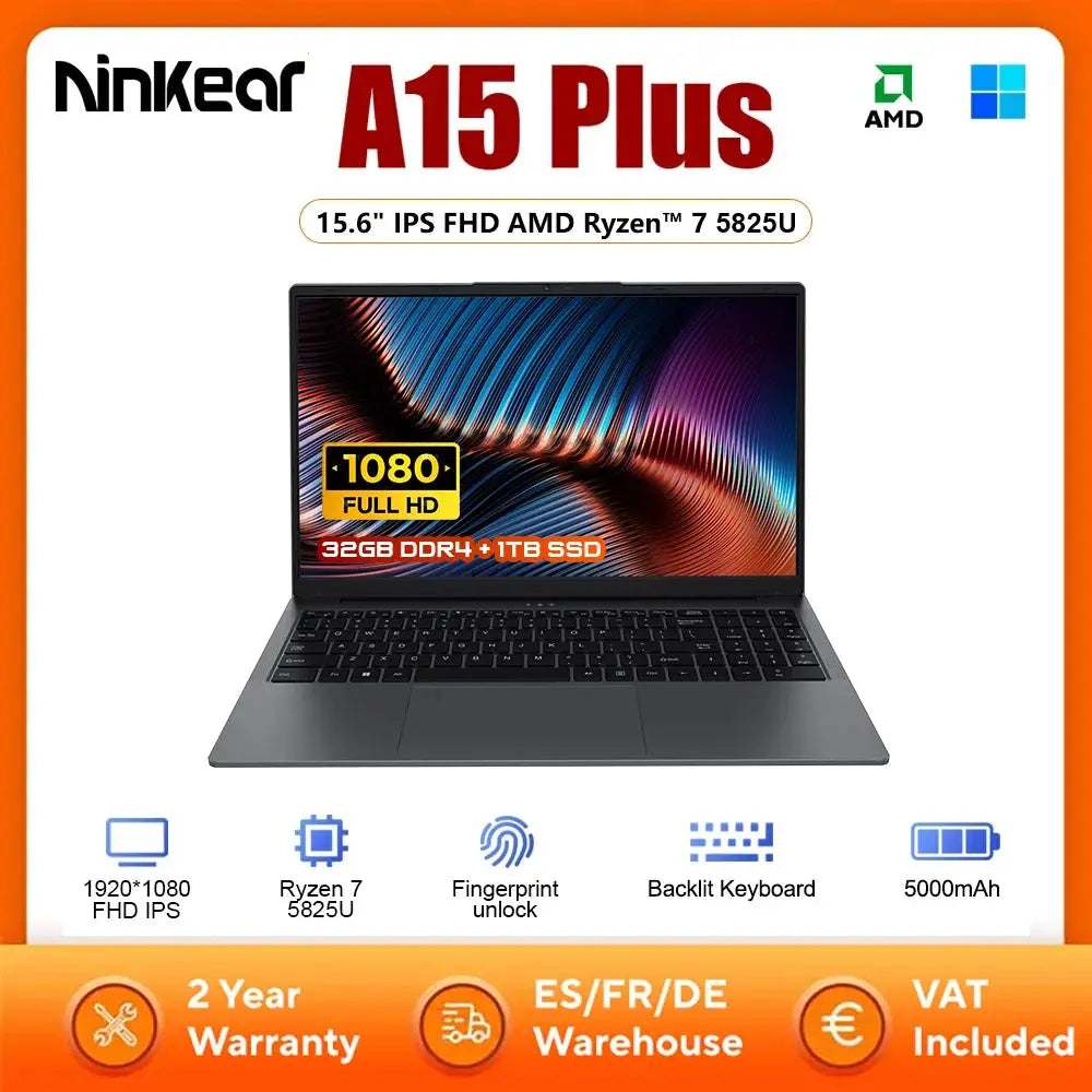 Ninkear A15 Plus Laptop AMD Ryzen™ 7 5825U 15.6" IPS FHD Notebook 32G DDR4 1TB SSD Windows 11 Wifi 6 Gaming Computer Notebook Dropshipman
