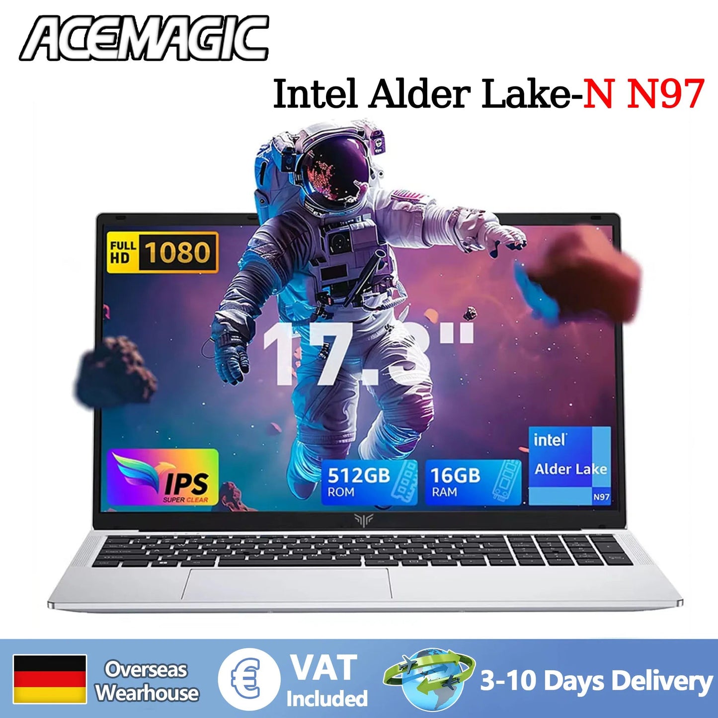 ACEMAGIC AX17 Intel Processor N97 17.3" Ultar Slim 6000MAH Laptop 16GB LPDDR4 RAM 512GB ROM Windows 11 BT5.2 Wifi 6 Notebook Dropshipman
