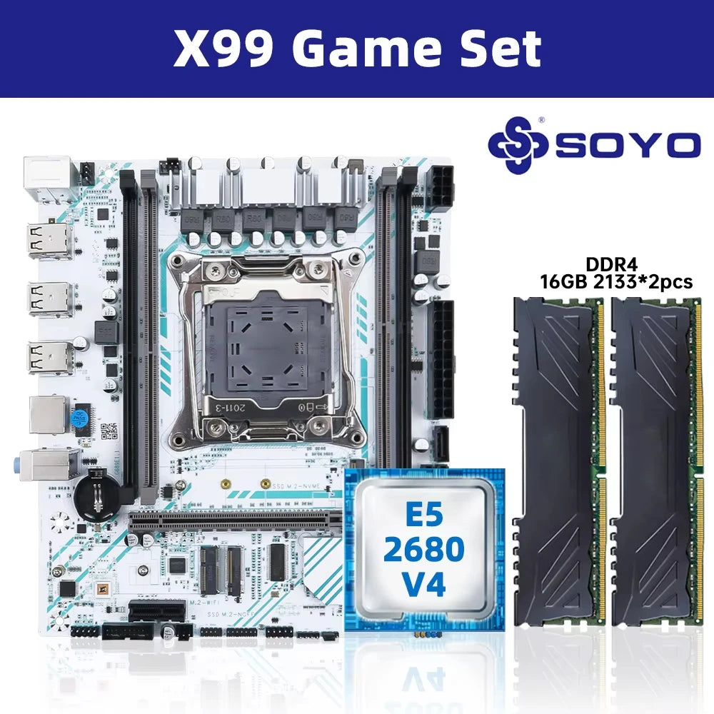 SOYO X99 Motherboard LGA 2011-3 Set Kit Xeon E5 2680 V4 CPU Processor 32G=2*16G DDR4 REG ECC RAM Memory M.2 NAME For Computer Dropshipman