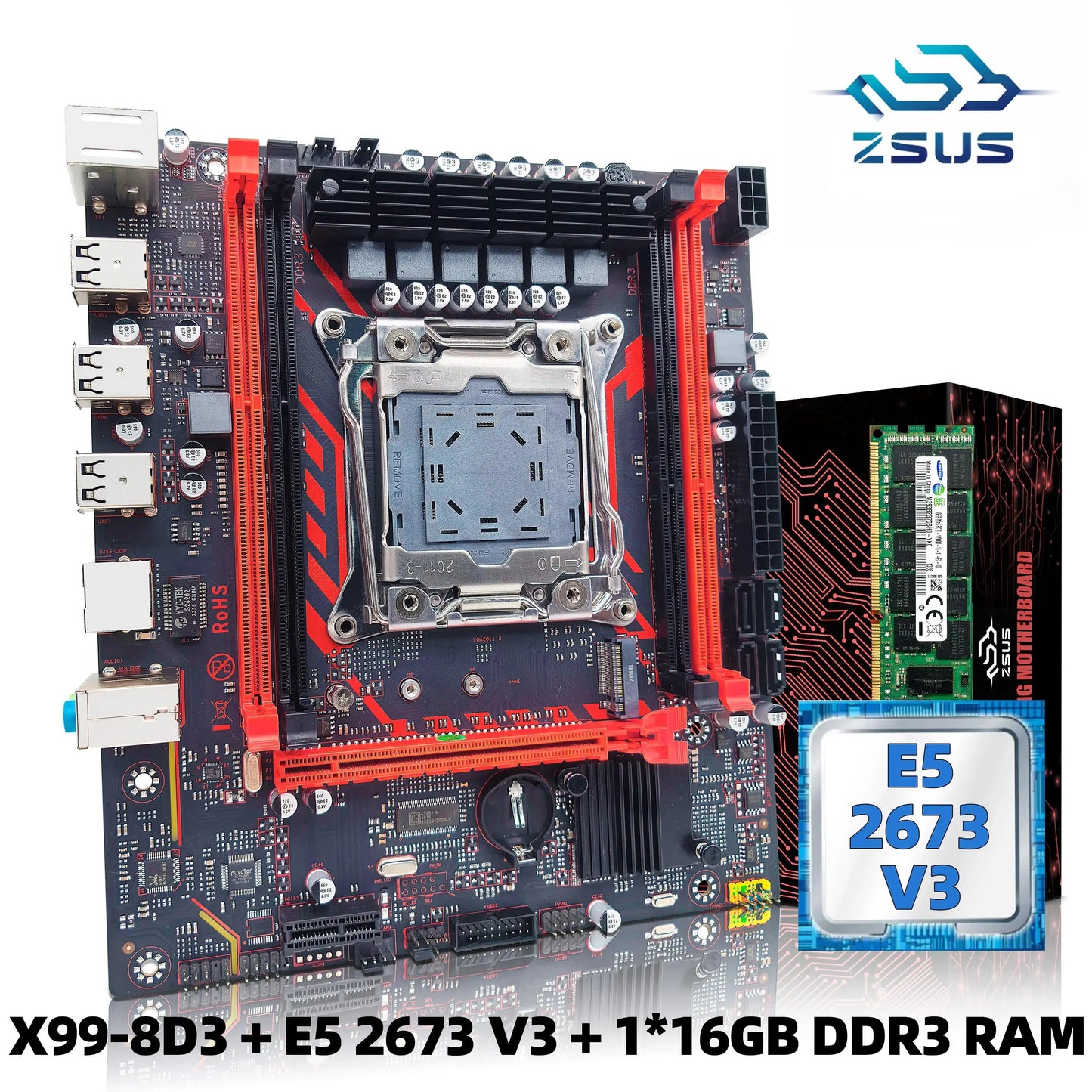 X99-8D3 ZSUS Motherboard Set Kit With Intel LGA2011-3 Xeon E5 2673 V3 CPU DDR3 1*16GB 1600MHZ ECC RAM Memory NVME M.2 SATA Dropshipman