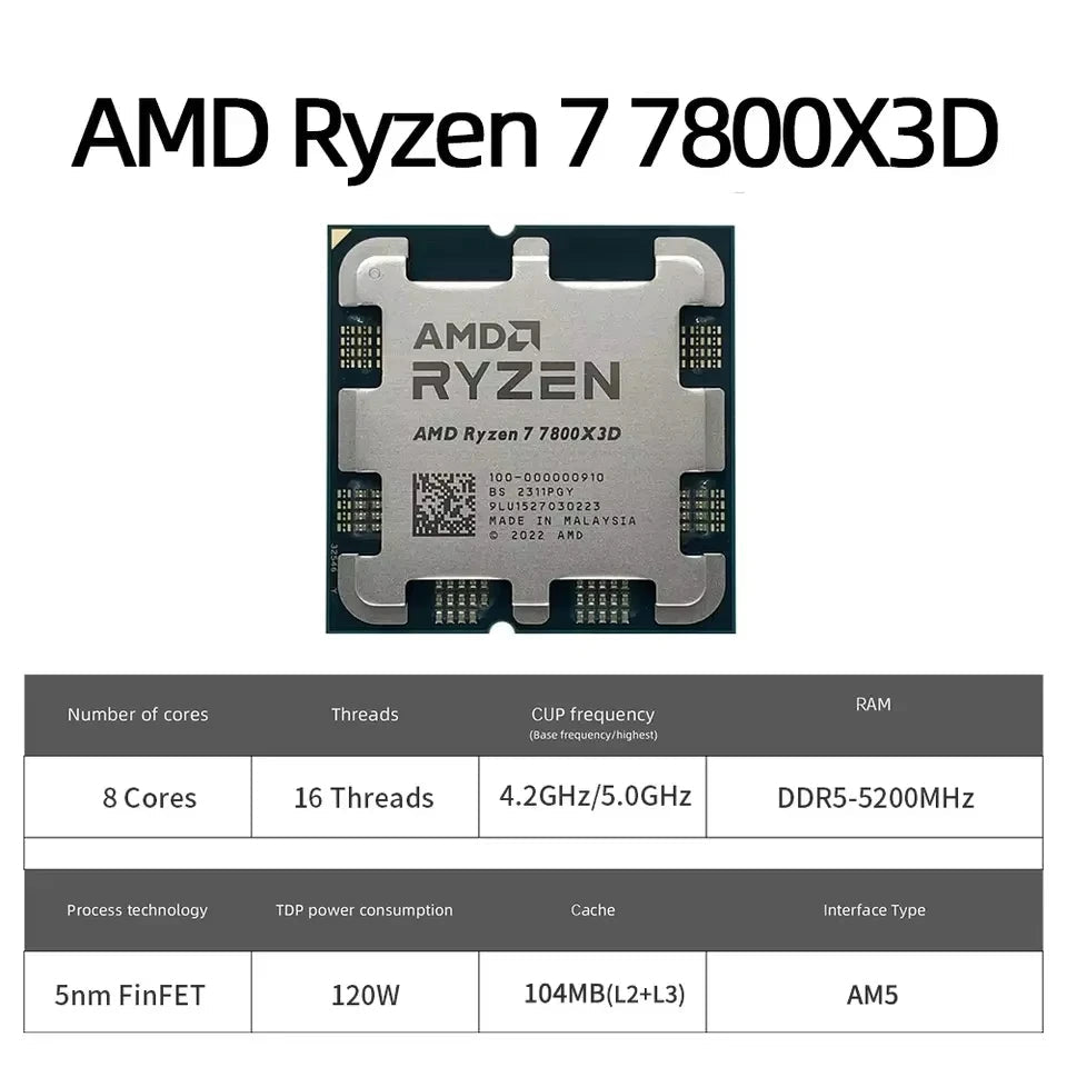 AMD RYZEN 7 7800X3D CPU Gaming Processor AMD R7 7800X3D 8-Core 16-Thread 5NM 96M Socket AM5 Without Fan Game Cache Hot No Fan Dropshipman