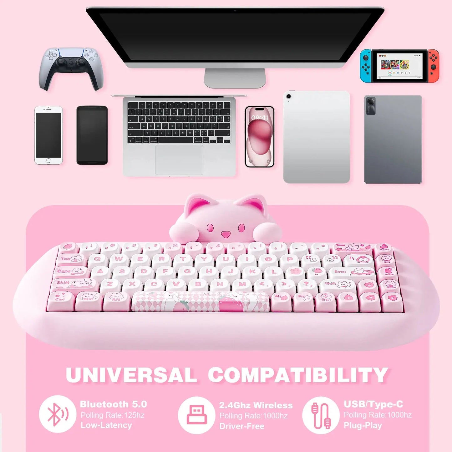 YUNZII C68 Wireless Gaming Keyboard, Hi-Fi Cute Cat Custom RGB Mechanical Keyboard, Silicone 65% Hot Swap Ergonomic Kitty Keeb Dropshipman