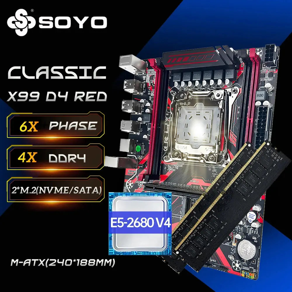 SOYO X99 DDR4 Red Game Motherboard Set with E5 2680 V4 LGA2011-3 2680v4 CPU 16GB(8GB*2) 2133MHz DDR4 REG ECC RAM Memory KIT Dropshipman