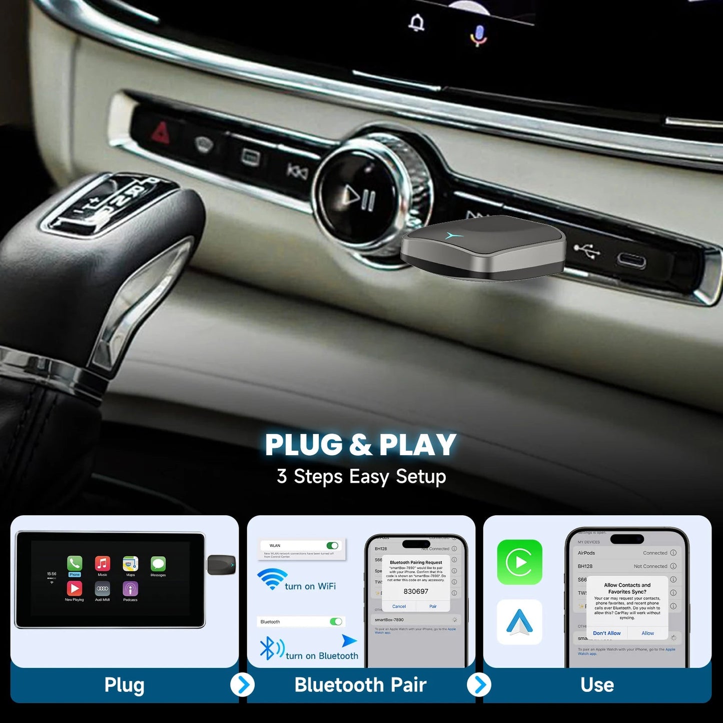 2-in-1 Wired to Wireless CarPlay Adapter & Android Auto Wireless Adapter Plug & Play Dropshipman