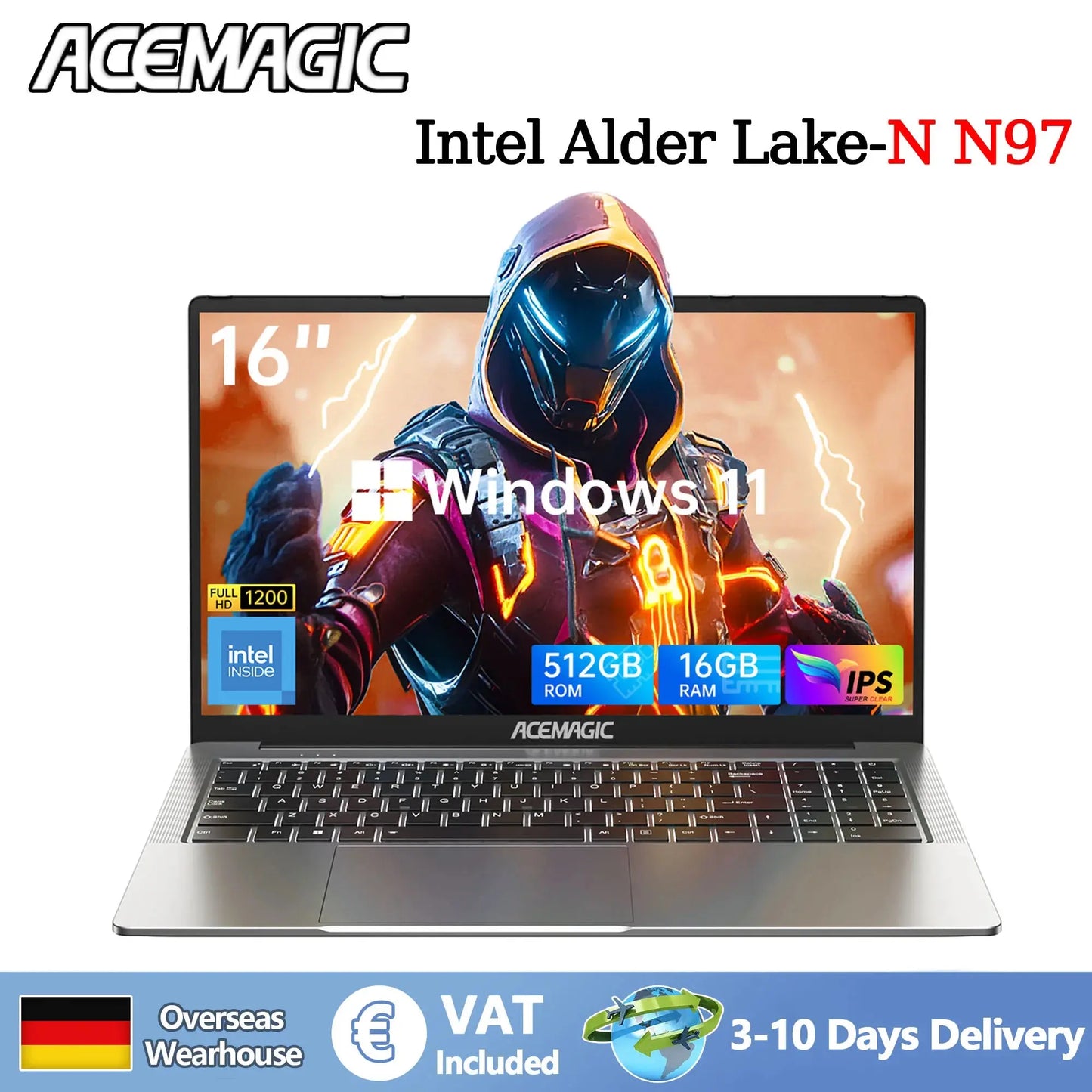 ACEMAGIC 16" Ultra Slim Laptop 16GB RAM 512GB SSD Intel N97 Notebook Gamer 1920*1080 Display Office Study Computer PC Windows 11 Dropshipman