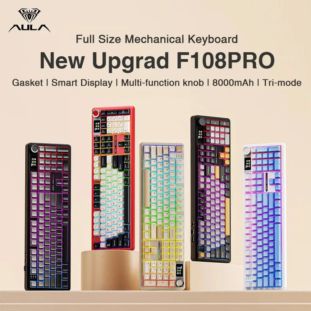 AULA F108 pro Wireless Bluetooth Keyboard Macro Gaming keyboard Gasket Hot-swap Full Size Keyboard with TFT Smart Display Dropshipman
