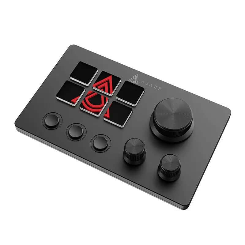Gaming audio control interface with adjustable volume knobs and customizable buttons in sleek black design.