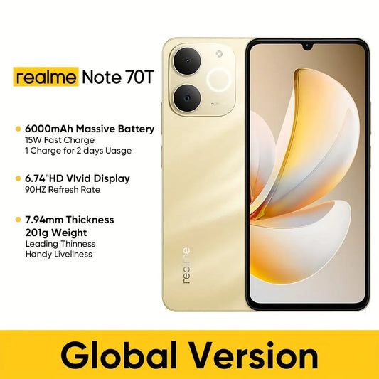 Realme Note 70T 4GB+64GB 4GB+128G 4GB+256GB, 4G LTE, Global Version, Andriod 15 Smartphone, Unlocked Cellphone, 6.7'' 90Hz Display, 6000mAh Battery Celulares, 13m AI Camera Mobile Phone 7.94mm Thin, No Adaptor Dropshipman