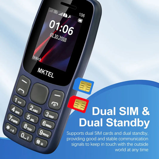 MKTEL 106 Feature Phone with 1, 77" Display, 800mAh Battery, Dual Stop FM Radio, Flashlight, 0, 08MB Camera, Supports 10 Languages: English | French | Spanish | Portuguese | Filipino | Vietnamese | Russian | Arabic | Hebrew | Thai, 2G Network, 2 SIM Slot Dropshipman