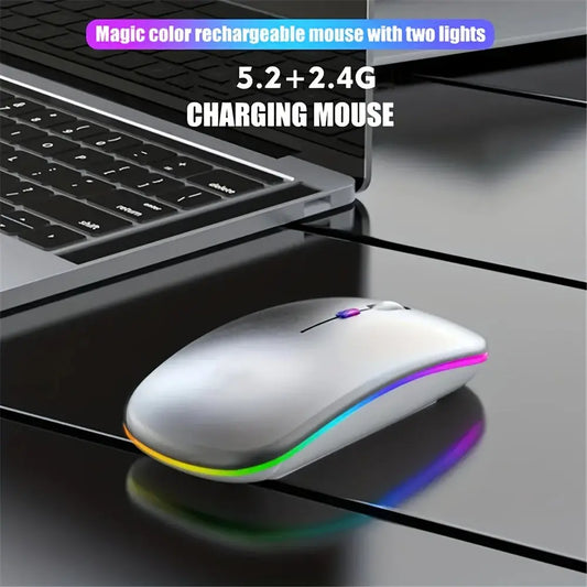 Rechargeable LED Backlit Wireless Mouse, Ultra-Thin 2.4G/5.2 Dual Mode Silent Portable USB Optical Gaming Mouse, Compatible with Laptop/Desktop/Tablet, Ambidextrous Design, 500mAh Battery, Type-C Charging, No Charger Included, Computer Accessory | Ambide Dropshipman