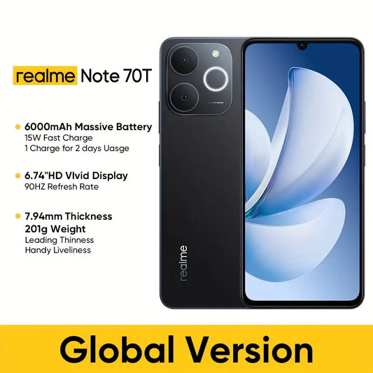 Realme Note 70T 4GB+64GB 4GB+128G 4GB+256GB, 4G LTE, Global Version, Andriod 15 Smartphone, Unlocked Cellphone, 6.7'' 90Hz Display, 6000mAh Battery Celulares, 13m AI Camera Mobile Phone 7.94mm Thin, No Adaptor Dropshipman