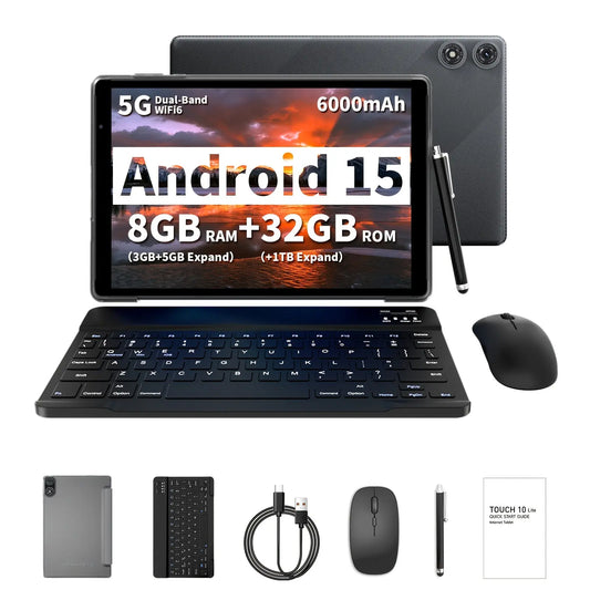 Android Tablet 2-in-1, 10.1-inch, with Latest Android 15 System, Expandable Storage up to 1TB, 8GB RAM, Includes Keyboard, Case, Mouse & Stylus Pen, 6000mAh Battery, Dual Front/Rear Cameras, High-Performance Multi-Core Processor + Wi-Fi 6, 1280x800 IPS H Dropshipman