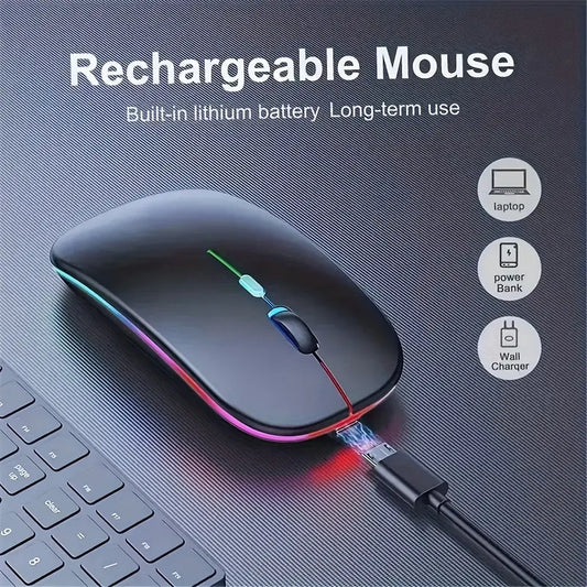 Rechargeable LED Backlit Wireless Mouse, Ultra-Thin 2.4G/5.2 Dual Mode Silent Portable USB Optical Gaming Mouse, Compatible with Laptop/Desktop/Tablet, Ambidextrous Design, 500mAh Battery, Type-C Charging, No Charger Included, Computer Accessory | Ambide Dropshipman