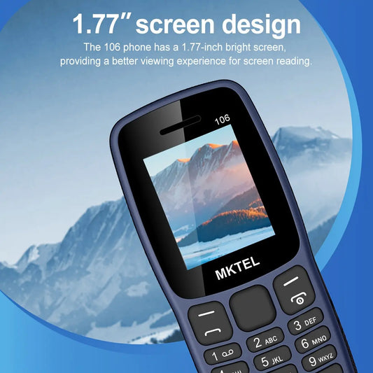 MKTEL 106 Feature Phone with 1, 77" Display, 800mAh Battery, Dual Stop FM Radio, Flashlight, 0, 08MB Camera, Supports 10 Languages: English | French | Spanish | Portuguese | Filipino | Vietnamese | Russian | Arabic | Hebrew | Thai, 2G Network, 2 SIM Slot Dropshipman