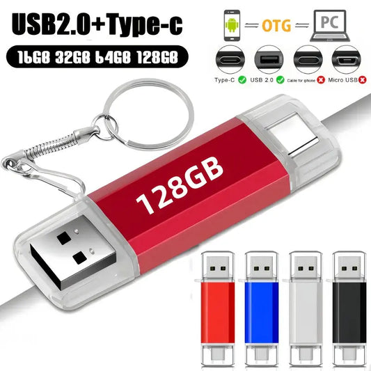 100% Capacity New High Speed USB 2.0 Type C U Disk OTG Pen Drive 128GB/100/32GB/16GB 1 Memory Stick 2 Pairs of Memory Sticks Compatible with Computer Smartphones/TVs/Tablets/Laptops Dropshipman