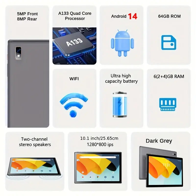 Tibuta 10-inch Android Tablet, 6(2+4)GB+64GB, Android14 Tablet, 5, 0M + 8, 0M Camera 5000mah Battery 1280x800 IPS HD, WIFI, Protective Case, Gray, Birthday Gift, Study, Game, Father'S Day, Tablet, Pad Dropshipman