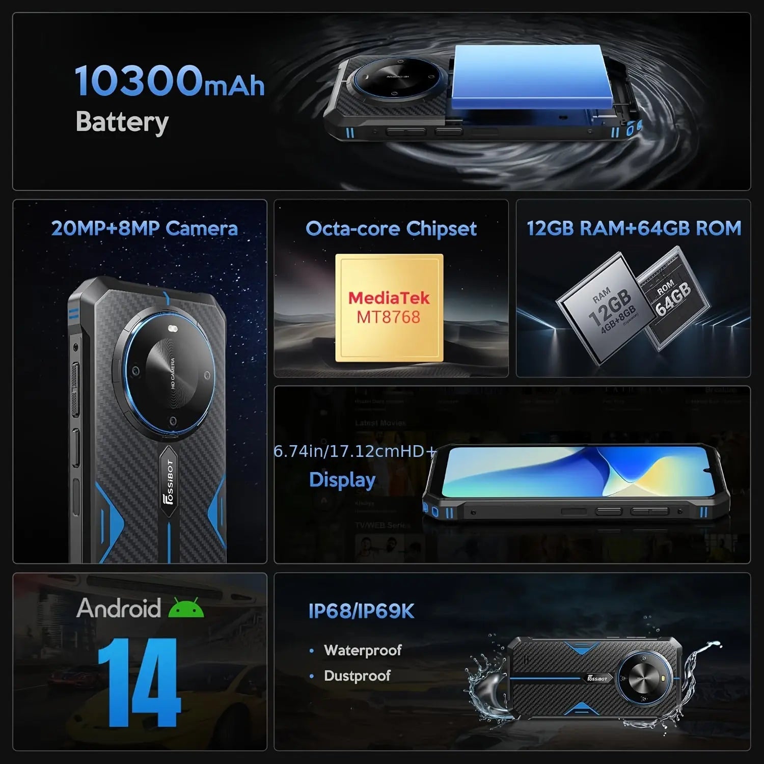FOSSiBOT 4G Rugged Phone F105 With 4+64GB ROM (Up To 12GB), Android 14 OS, 10300mAh Battery, 20+8MP Cam, OTG/Face ID/GPS/Dual SIM Smartphone Dropshipman