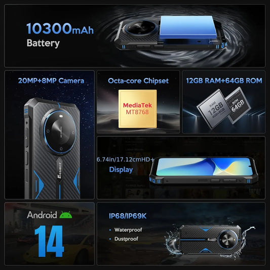 FOSSiBOT 4G Rugged Phone F105 With 4+64GB ROM (Up To 12GB), Android 14 OS, 10300mAh Battery, 20+8MP Cam, OTG/Face ID/GPS/Dual SIM Smartphone Dropshipman