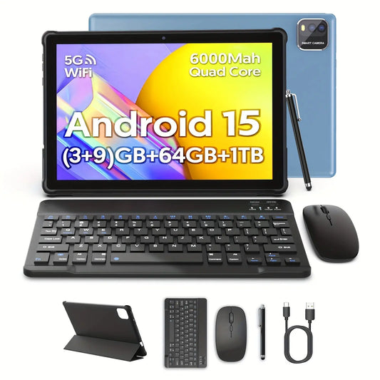 Android 15 Tablet, 10 Inch 2 in 1 Tablet with Keyboard, Case, Mouse, Stylus, Quad Core, 12 (3+9 Expansion) GB+64 GB ROM, +1TB TF Expansion 6000Mah Battery, 5G Wi-Fi, 2MP+8MP Dual Camera, 1280 * 800 FHD IPS, Tablet, Pad Dropshipman