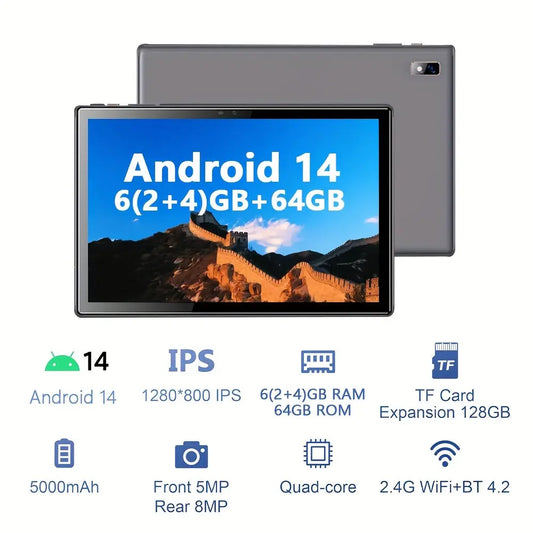 Tibuta 10-inch Android Tablet, 6(2+4)GB+64GB, Android14 Tablet, 5, 0M + 8, 0M Camera 5000mah Battery 1280x800 IPS HD, WIFI, Protective Case, Gray, Birthday Gift, Study, Game, Father'S Day, Tablet, Pad Dropshipman