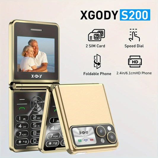 XGODY Folding Flip Mobile Phone, Golden And Black With Big Buttons, 1300mAh Battery, Loud Volume, Type-C Charging, Unlocked Senior Mobile Phone With 2.4-inch Color Display Screen, SOS Button | FM Radio, Micro SD, Speed Dial, GSM Dual SIM Dual Standby 2G Dropshipman