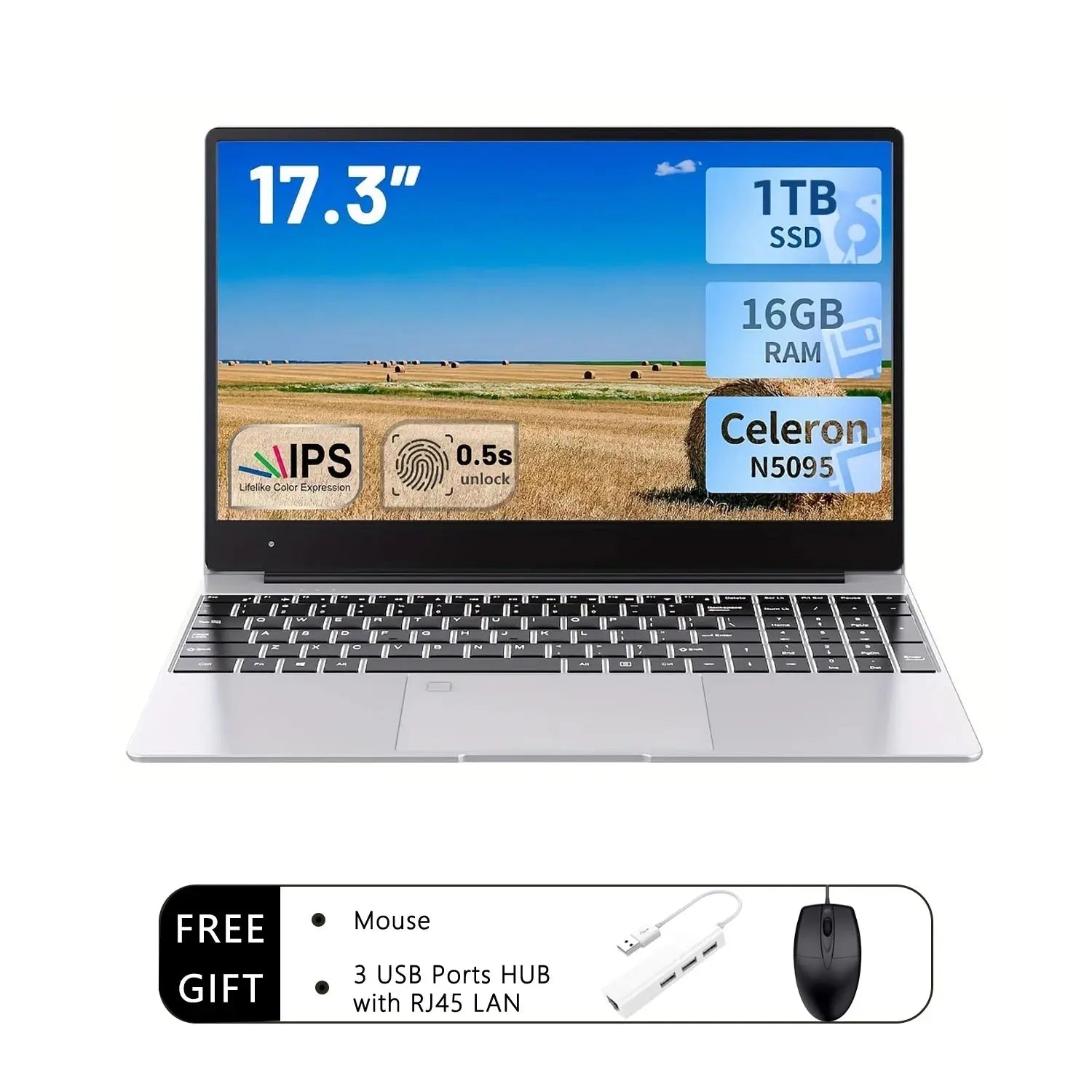 2025 New 17.3" Laptop 16GB RAM 512GB 1TB SSD Intel N5095 Portable Notebook Lightweight Backlit Keyboard Fingerprint Windows 11 Dropshipman