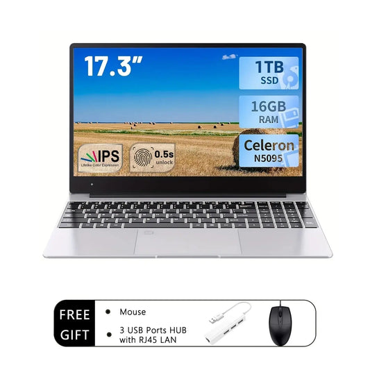 2025 New 17.3" Laptop 16GB RAM 512GB 1TB SSD Intel N5095 Portable Notebook Lightweight Backlit Keyboard Fingerprint Windows 11 Dropshipman