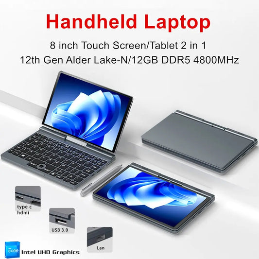 12th Gen Mini Gaming Laptop Intel Alder Lake N100 8 Inch Touch Screen 12G DDR5 Windows 11 Notebook Tablet PC 2 in 1 WiFi6 Dropshipman