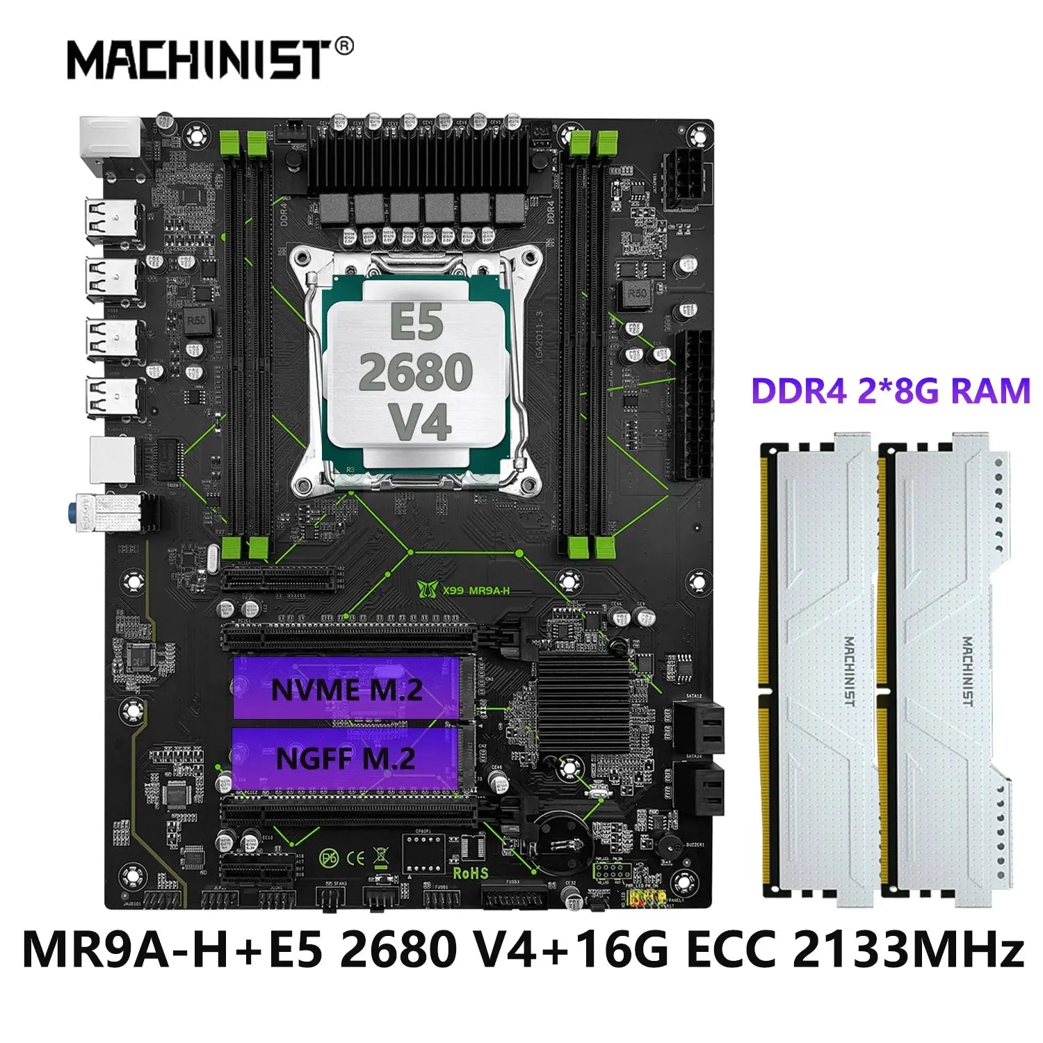 MACHINIST X99 MR9A-H Motherboard Set LGA 2011-3 Xeon E5 2680 V4 CPU Processor + DDR4 2*8G=16GB RAM 2133MHz Memory Kit ATX USB3.0 Dropshipman