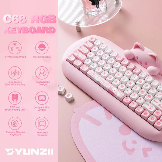 YUNZII C68 Wireless Gaming Keyboard, Hi-Fi Cute Cat Custom RGB Mechanical Keyboard, Silicone 65% Hot Swap Ergonomic Kitty Keeb Dropshipman