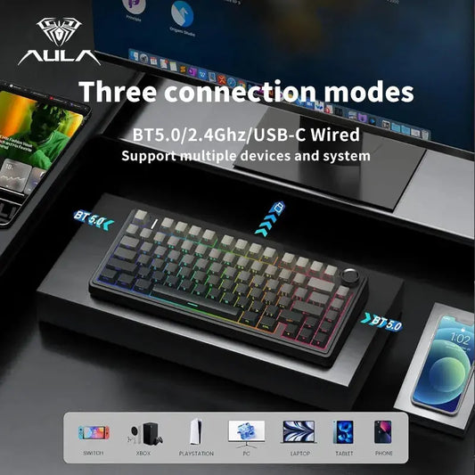 AULA F75 Gaming Mechanical Keyboard RGB Customized 75% Layout Side-engraving Gasket Mounted 80keys PBT Gradient Keycaps keyboard Dropshipman
