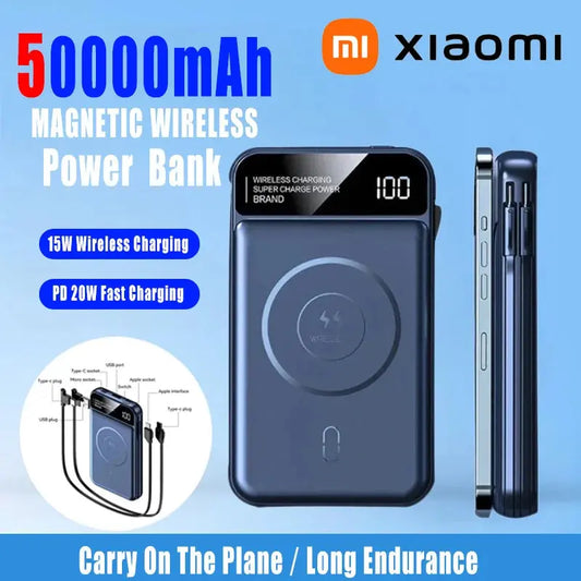 Xiaomi 50000mAh Portable Wireless Charging Power Bank Magnetic Charging Built-in Wire Mobile Phone Battery For Iphone Samsung Dropshipman