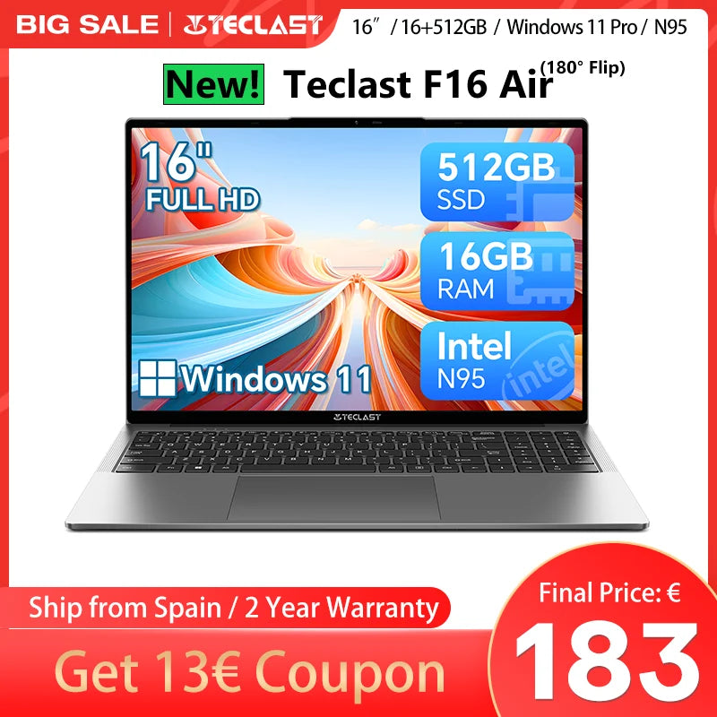 Teclast F16 Air 16 Inch Laptop, 180 Degree Flip, 16Gb+512Gb, for Intel N95 Cpu, Windows 11, Mini Hdmi, Backlit Keyboard Dropshipman