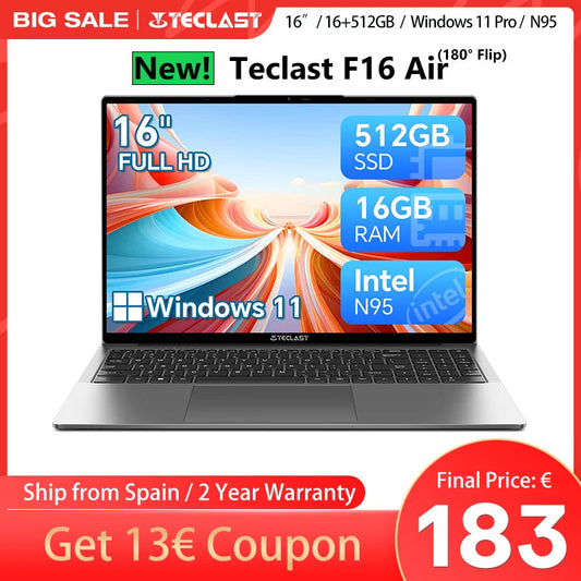 Teclast F16 Air 16 Inch Laptop, 180 Degree Flip, 16Gb+512Gb, for Intel N95 Cpu, Windows 11, Mini Hdmi, Backlit Keyboard Dropshipman