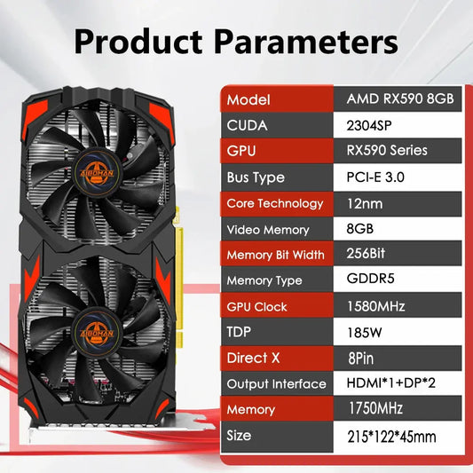 AMD RX590 8GB GDDR5 256Bit PCI-E 3.0 Gaming Graphics Card, 1580MHz GPU, HDMI DP, 215mm Desktop Video Card for PC Gaming Dropshipman