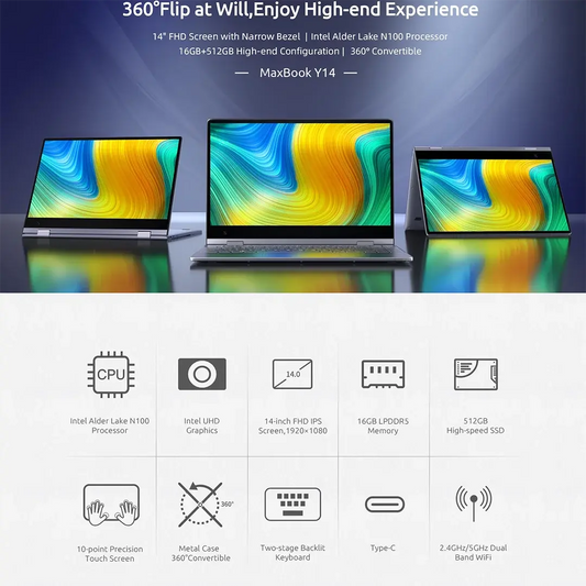 BMAX Y14 2025  360° Laptop 14 Inch Touch Notebook 16GB RAM LPDDR5 512GB SSD Windows 11 1920*1080 IPS Intel N100 Laptops Computer Dropshipman
