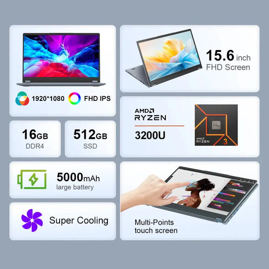 Ninkear YBOOK15 Laptop AMD Ryzen 3 3200U 15.6 Inch 360° Flip FHD IPS 1920*1080 Touchscreen 16G+512GB Backlit Keyboard Windows 11 Dropshipman