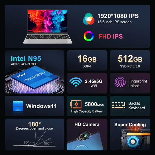 Ninkear Laptop N15 Air 15.6" FHD IPS 16GB DDR4 512GB SSD Intel N95 180° flip with Fingerprint Unlock Backlit Keyboard Windows 11 Dropshipman